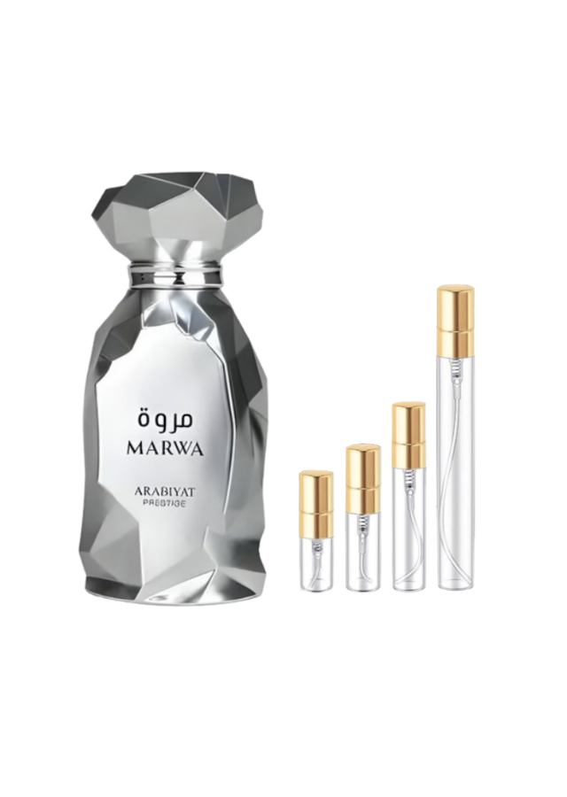 Arabiyat Prestige Marwa Eau de Parfum for Men with 2ml, 3ml, 5ml, and 10ml Glass Decants with Gold Caps