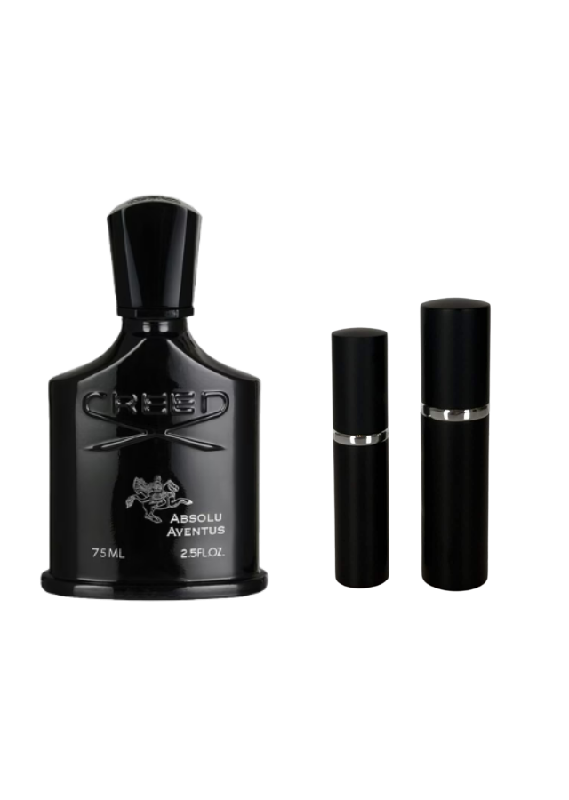 Creed Absolu Aventus Eau de Parfum For Men Fragrance Bottle next to 5ml and 10ml Black Premium Atomizers