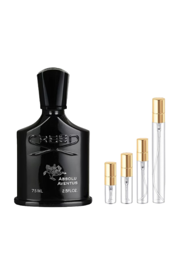 Creed Absolu Aventus Eau de Parfum For Men Fragrance Bottle next to 2ml, 3ml, 5ml, 10ml glass decants with gold caps