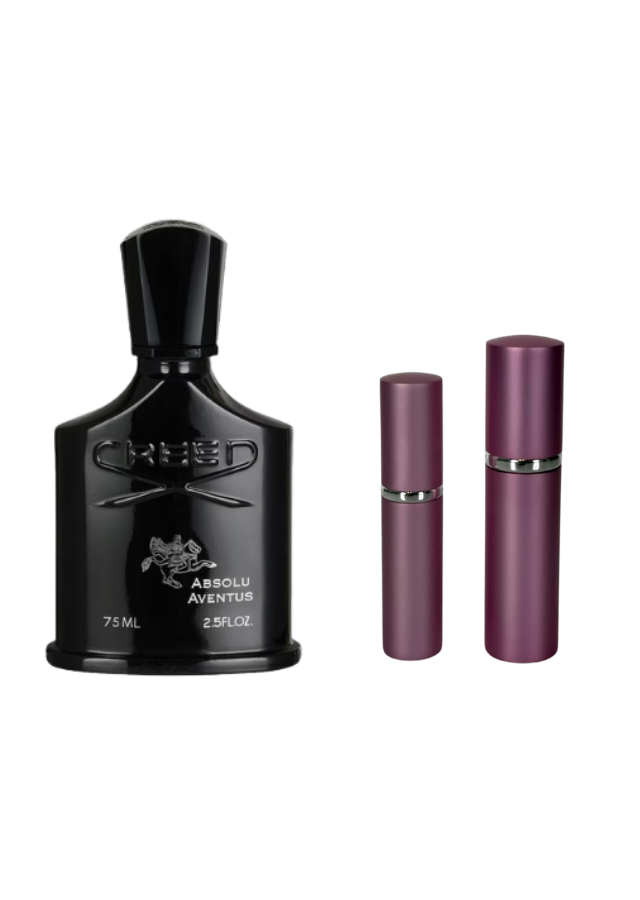 Creed Absolu Aventus Eau de Parfum For Men Fragrance Bottle next to 5ml and 10ml Pink Premium Atomizers