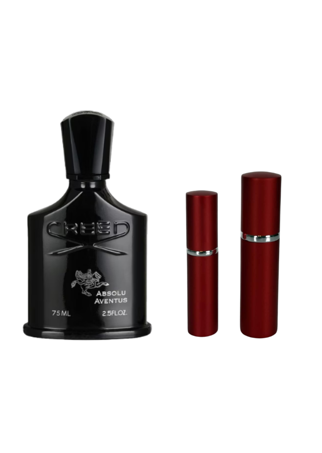 Creed Absolu Aventus Eau de Parfum For Men Fragrance Bottle next to 5ml and 10ml Red Premium Atomizers