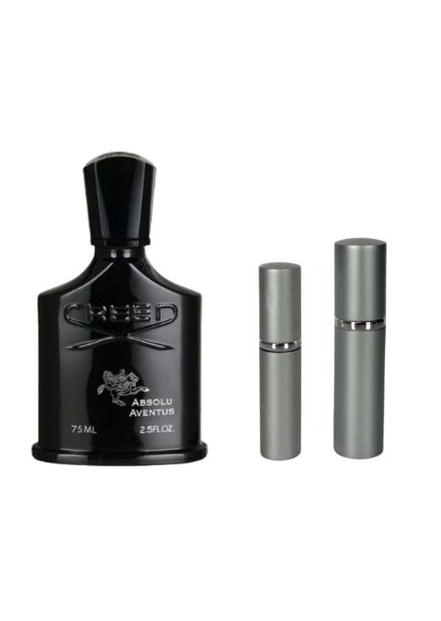 Creed Absolu Aventus Eau de Parfum For Men Fragrance Bottle next to 5ml and 10ml Silver Premium Atomizers