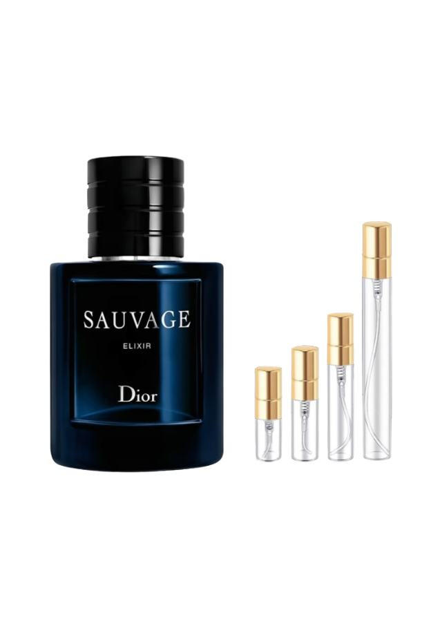 Dior Sauvage Elixir for Men with 2ml, 3ml, 5ml, and 10ml Glass Decants with Gold Caps