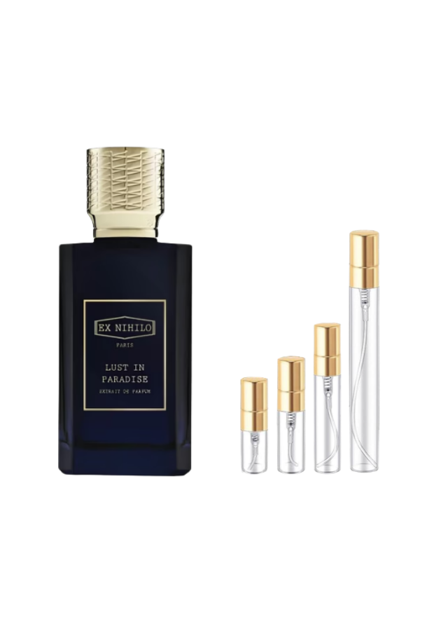 Ex Nihilo Lust in Paradise Extrait de Parfum Unisex with 2ml, 3ml, 5ml, and 10ml Glass Decants with Gold Caps