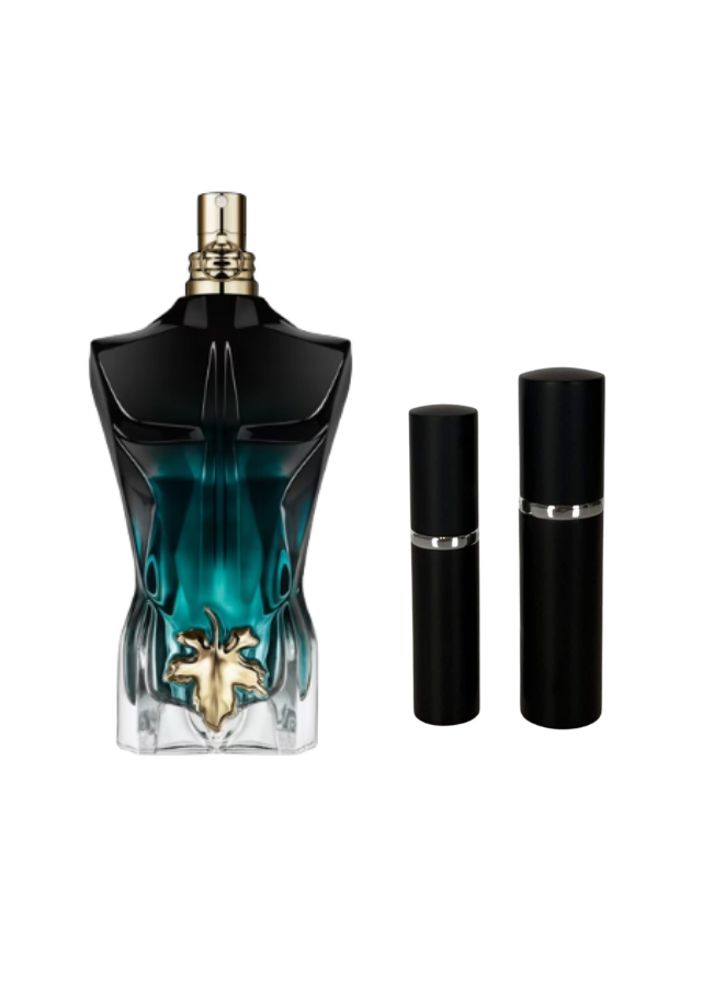 Jean Paul Gaultier Le Beau Eau de Parfum For Men Fragrance Bottle next to 5ml and 10ml Black Premium Atomizers