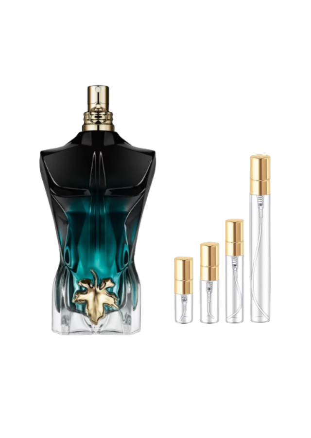 Jean Paul Gaultier Le Beau Eau de Parfum For Men Fragrance Bottle next to 2ml, 3ml, 5ml, and 10ml glass decants with Gold Caps