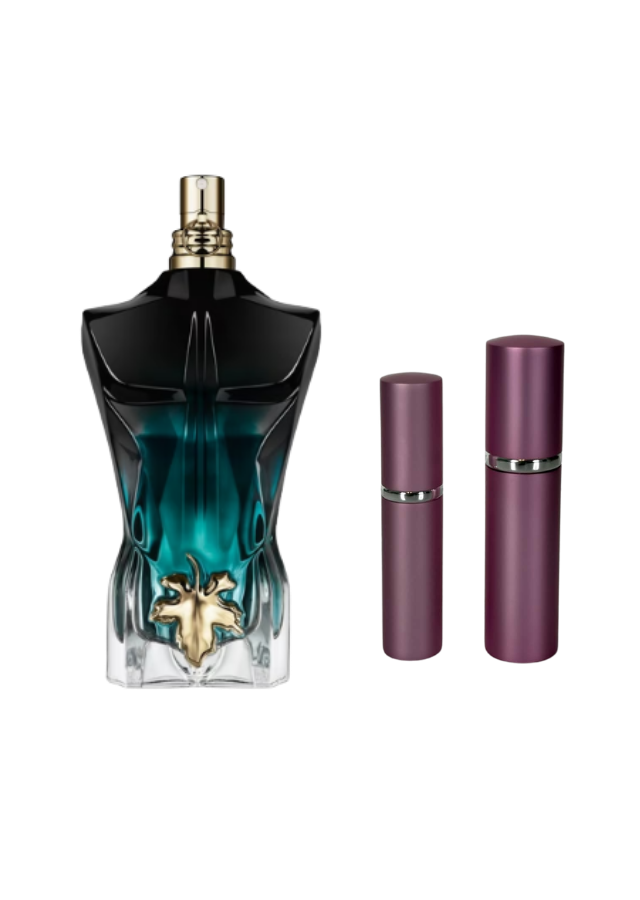 Jean Paul Gaultier Le Beau Eau de Parfum For Men Fragrance Bottle next to 5ml and 10ml Pink Premium Atomizers