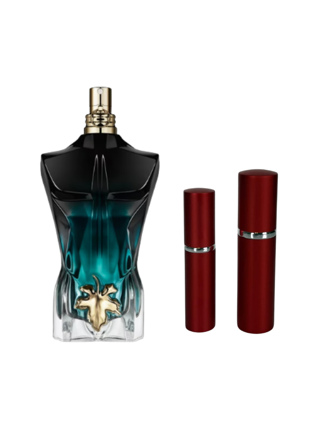 Jean Paul Gaultier Le Beau Eau de Parfum For Men Fragrance Bottle next to 5ml and 10ml Red Premium Atomizers