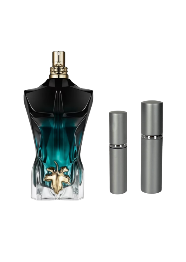 Jean Paul Gaultier Le Beau Eau de Parfum For Men Fragrance Bottle next to 5ml and 10ml Silver Premium Atomizers
