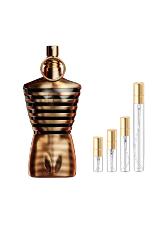 Jean Paul Gaultier Le Male Elixir for Men with 2ml, 3ml, 5ml, and 10ml glass decants with gold caps