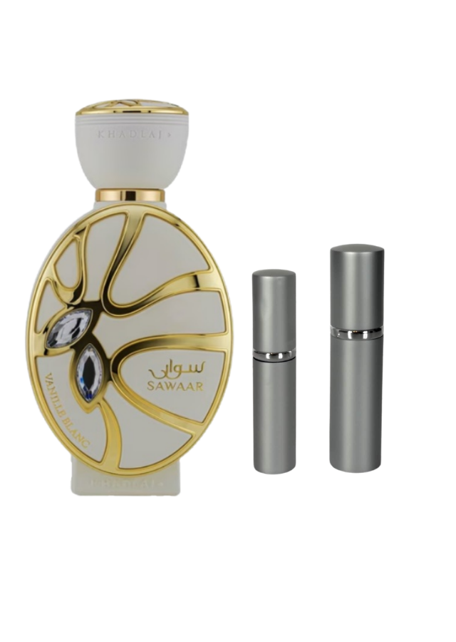 Khadlaj Sawaar Vanille Blanc Extrait de Parfum Unisex with 5ml and 10ml Silver Premium Atomizers