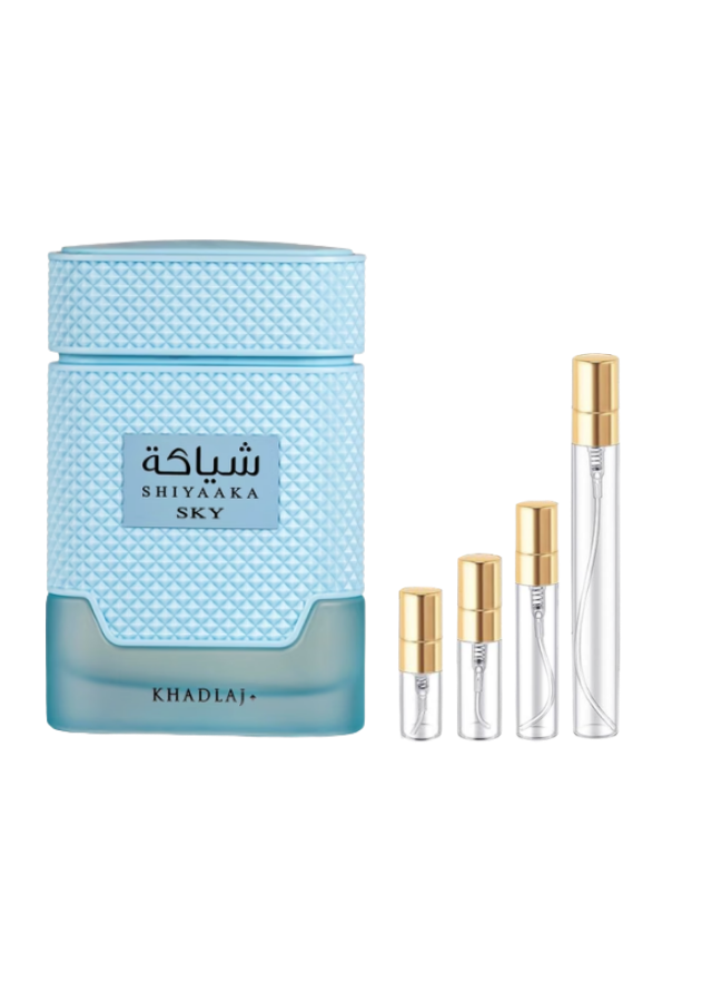 Khadlaj Shiyaaka Sky Extrait de Parfum Unisex with 2ml, 3ml, 5ml, and 10ml Glass Decants with Gold Caps