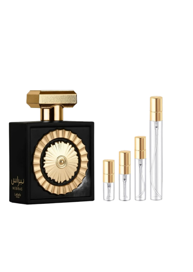 Lattafa Nebras Eau de Parfum Unisex with 2ml, 3ml, 5ml, and 10ml Glass Decants with Gold Caps