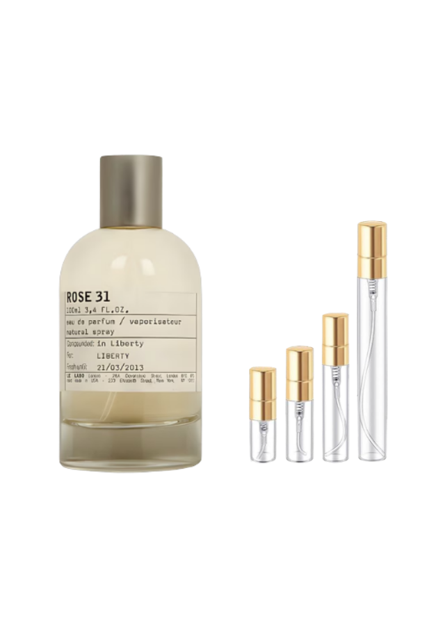 Le Labo Rose 31 Eau de Parfum Unisex with 2ml, 3ml, 5ml, and 10ml Glass Decants with Gold Caps
