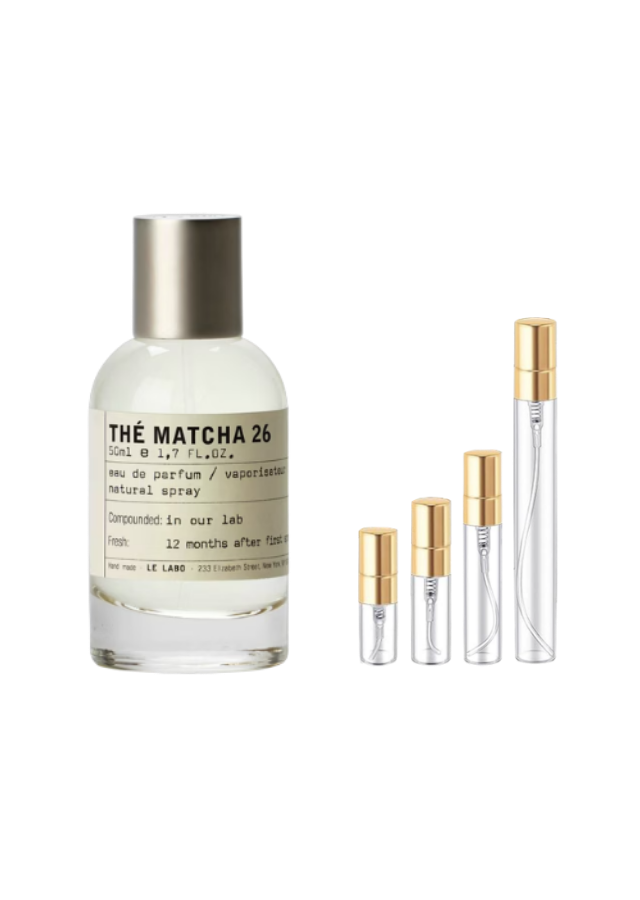 Le Labo Thé Matcha 26 Eau de Parfum Unisex with 2ml, 3ml, 5ml, and 10ml Glass Decants with Gold Caps