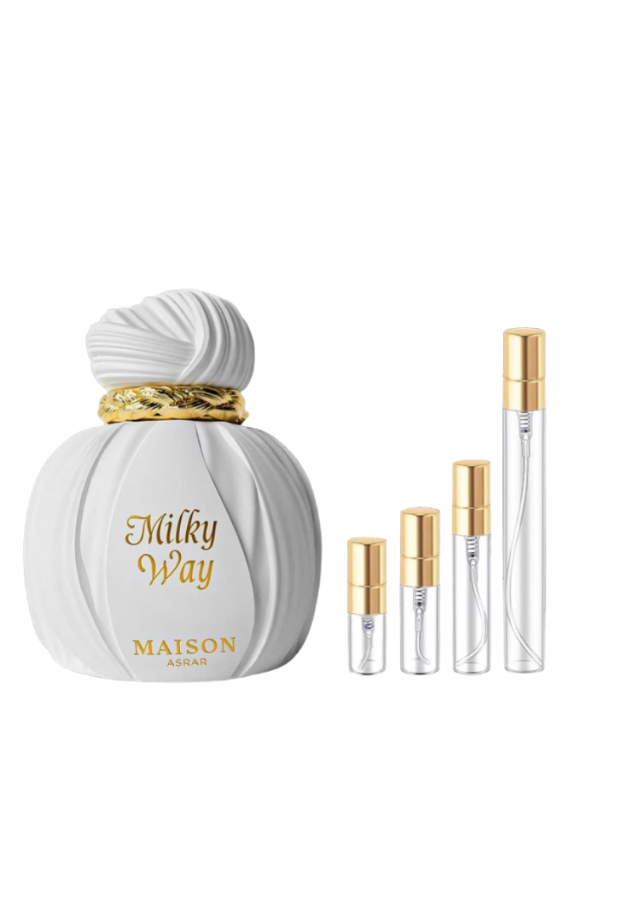 Maison Asrar Milky Way Eau de Parfum Unisex with 2ml, 3ml, 5ml, and 10ml Glass Decants with Gold Caps