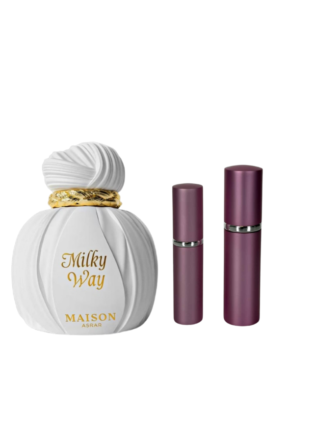 Maison Asrar Milky Way Eau de Parfum Unisex with 5ml and 10ml Pink Premium Atomizers