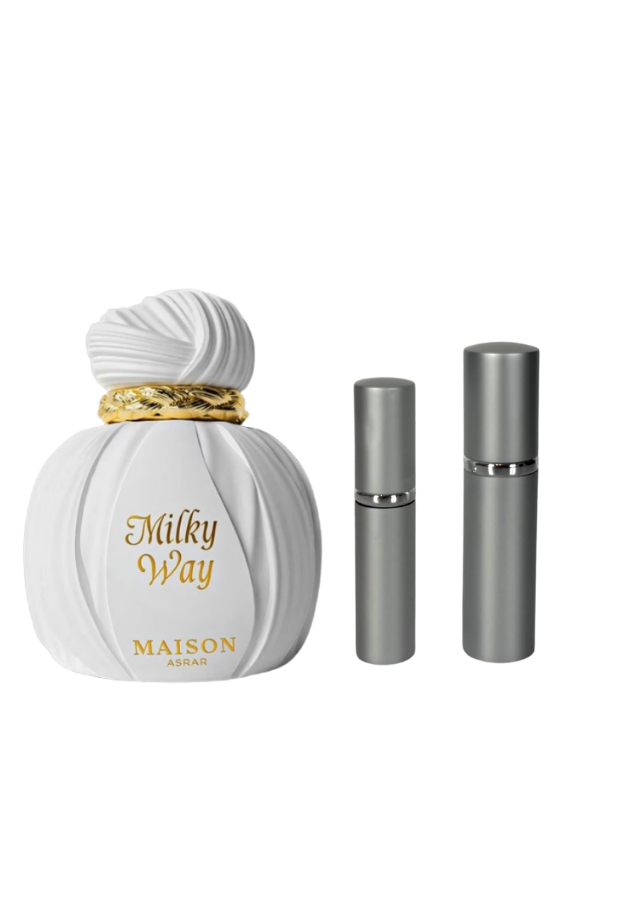 Maison Asrar Milky Way Eau de Parfum Unisex with 5ml and 10ml Silver Premium Atomizers