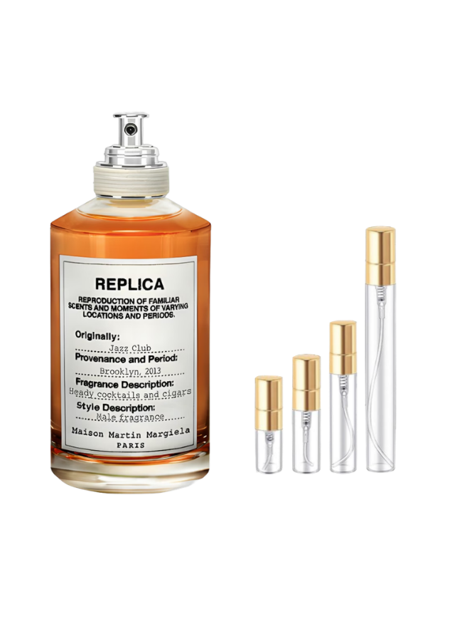 Maison Margiela REPLICA Jazz Club Eau de Toilette for Men with 2ml, 3ml, 5ml, and 10ml Glass Decants with Gold Caps