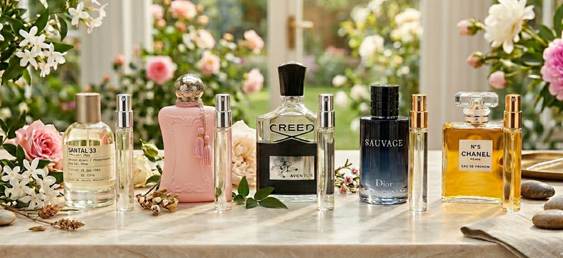 Collection of various perfume bottles on a table with flowers in the background