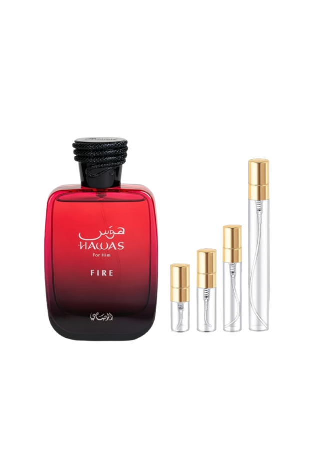 Rasasi Hawas Fire Eau de Parfum Unisex with 2ml, 3ml, 5ml, and 10ml Glass Decants with Gold Caps