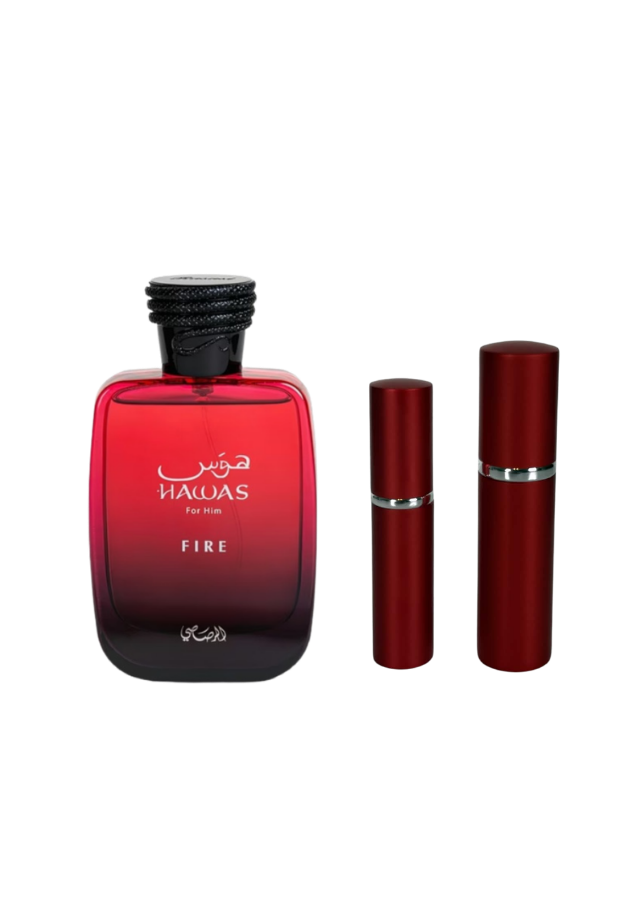 Rasasi Hawas Fire Eau de Parfum Unisex with 5ml and 10ml Red Premium Atomizers