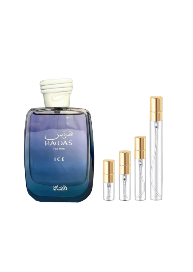 Rasasi Hawas Ice Eau de Parfum for Men with 2ml, 3ml, 5ml, and 10ml glass decants with gold caps