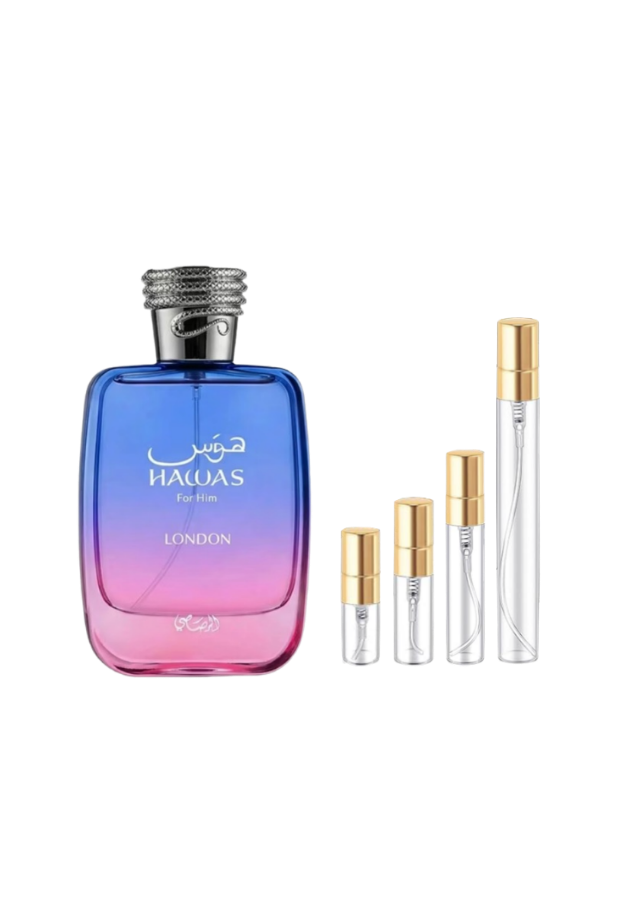 Rasasi Hawas London Eau de Parfum Unisex with 2ml, 3ml, 5ml, and 10ml Glass Decants with Gold Caps