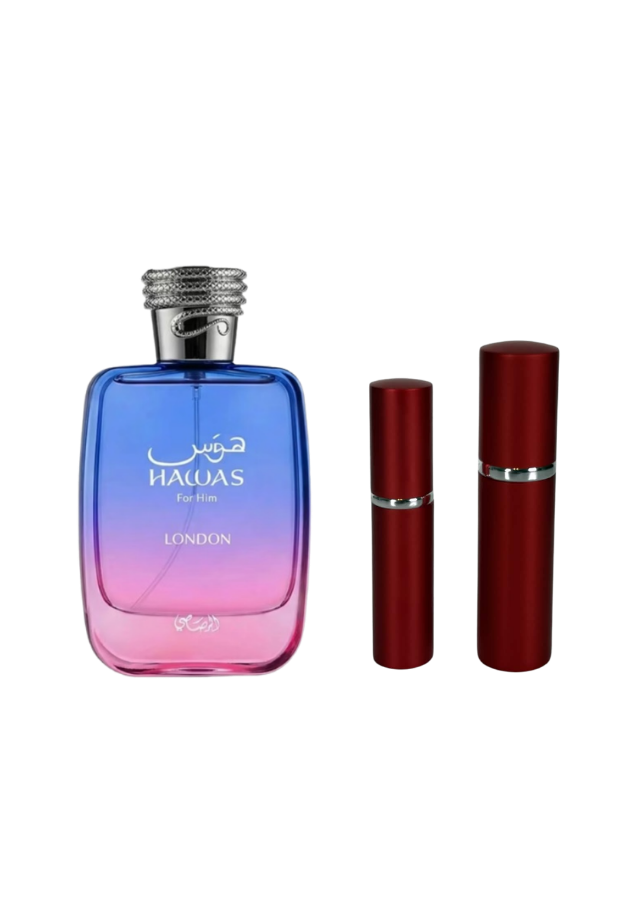 Rasasi Hawas London Eau de Parfum Unisex with 5ml and 10ml Red Premium Atomizers