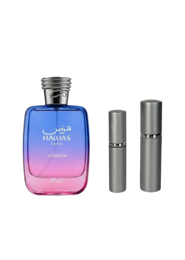 Rasasi Hawas London Eau de Parfum Unisex with 5ml and 10ml Silver Premium Atomizers