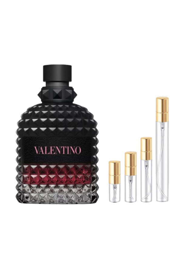 Valentino Uomo Born in Roma Intense Eau de Parfum For Men Fragrance Bottle next to 2ml, 3ml, 5ml, and 10ml glass decants with Gold Caps