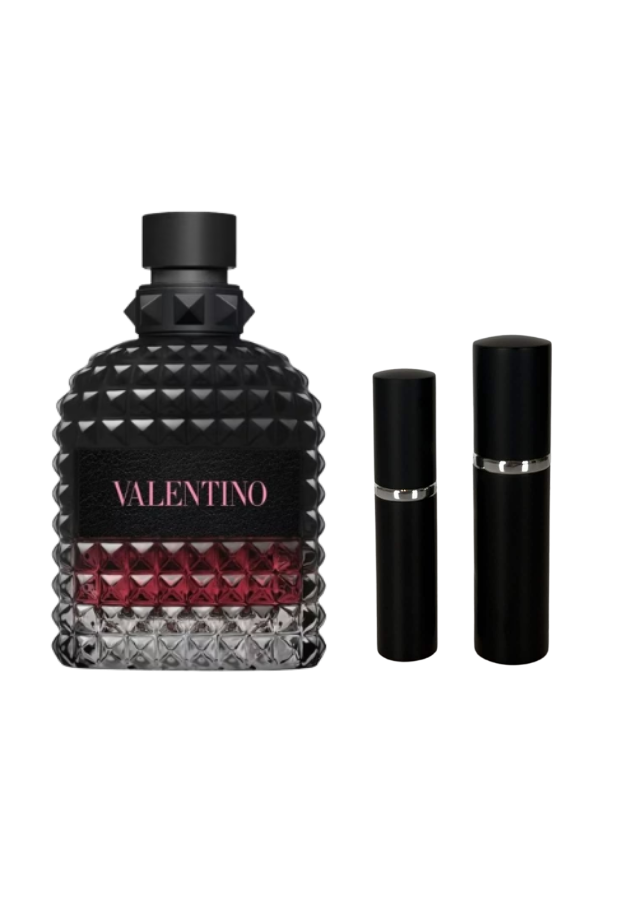Valentino Uomo Born in Roma Intense Eau de Parfum For Men next to 5ml and 10ml Black Premium Atomizers